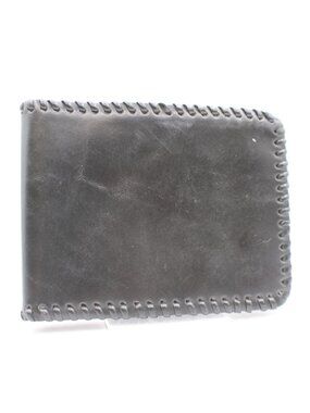 Large Stitched Border Black Leather Bi-Fold Wallet ID Window Card Slots Vintage